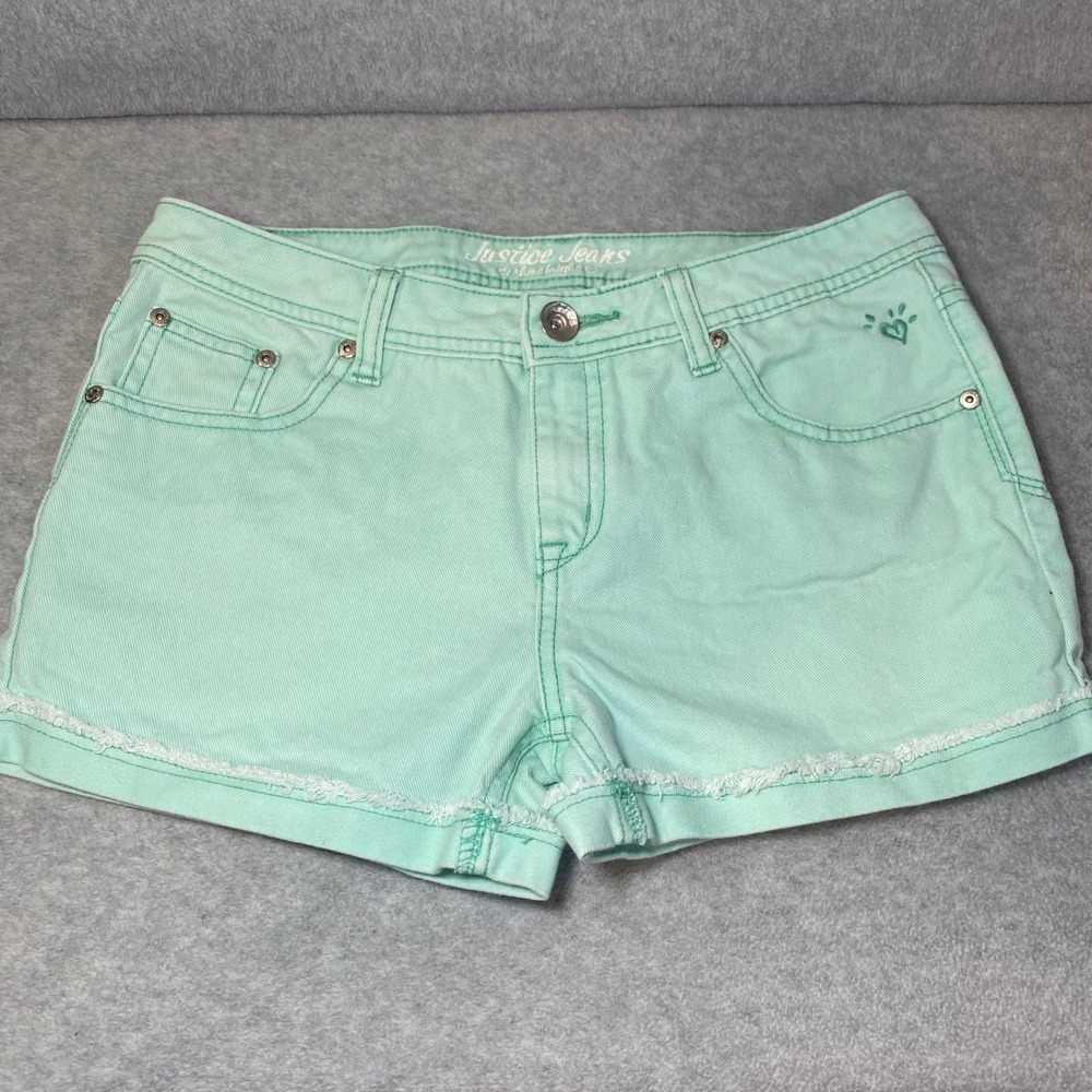 Justice Denim Shorts Kids Girls 12.5 Mint Green Frayed Raw Hem Low Rise EUC